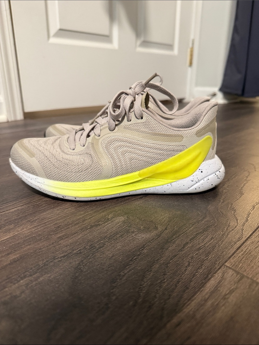 lululemon athletica Taupe Knit Sneakers with Neon Yellow Accent